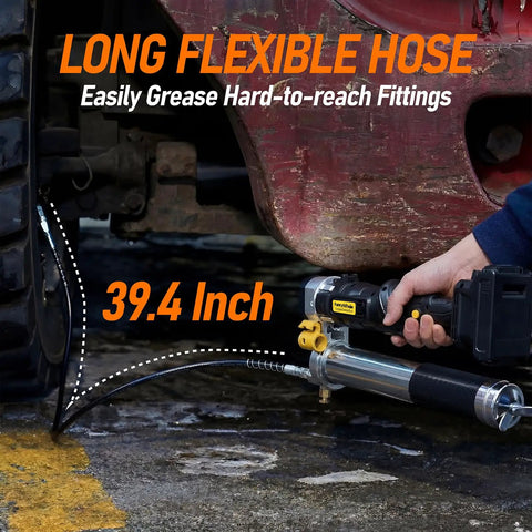 Cordless Grease Gun 12000 PSI With 2 In 1 Rotating Handle And 16.4 Inch Hose in use on heavy machinery wheel