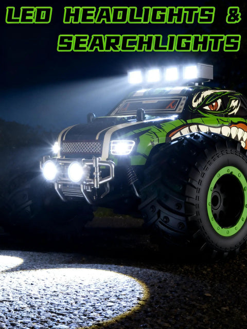 Rugged Dino Theme RC Monster Truck For Kids Ages 4 To 12 Blazing 20kmh Speed All Terrain Off Road Crawler with LED lights