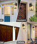 Smart Motion Sensor Outdoor Wall Lantern Dusk To Dawn Sconce in Matte Black with clear glass, shown on porch, garage, courtyard, hallway.