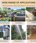 Wide range of applications for Turn Your Garden Hose Into A Beast High Pressure Cleaning Tool With This 15X Power Nozzle 360 Degree Rotating Head Three Spray Modes Universal One Half Inch Connection Tool Free Install For Car Patio Garden And Outdoor Cleaning, including plant watering, car washing, pet bathing, window cleaning, tree spraying, and floor cleaning with illustrations.