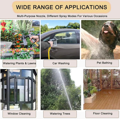 Wide range of applications for Turn Your Garden Hose Into A Beast High Pressure Cleaning Tool With This 15X Power Nozzle 360 Degree Rotating Head Three Spray Modes Universal One Half Inch Connection Tool Free Install For Car Patio Garden And Outdoor Cleaning, including plant watering, car washing, pet bathing, window cleaning, tree spraying, and floor cleaning with illustrations.