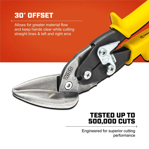 Close-up of 9.8 Inch Offset Straight Aviation Snips M8OS with beefy construction, non-slip serrated jaw, yellow handles