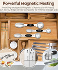 Magnetic Measuring Cups And Spoons Set With 304 Stainless Steel Dual Sided Design 15 Piece Kit Includes Leveler For Accurate Baking And Meal Prep Space Saving Magnetic Nesting Kitchen Tools That Are Rust Resistant And Dishwasher Safe displayed in drawer with magnetic feature on fridge