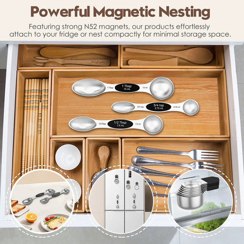 Magnetic Measuring Cups And Spoons Set With 304 Stainless Steel Dual Sided Design 15 Piece Kit Includes Leveler For Accurate Baking And Meal Prep Space Saving Magnetic Nesting Kitchen Tools That Are Rust Resistant And Dishwasher Safe displayed in drawer with magnetic feature on fridge