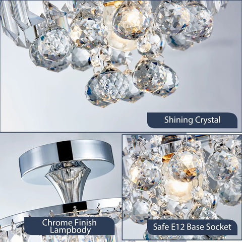 Modern Chrome Crystal Semi-Flush Mount LED Chandelier Ceiling Light with crystal tubes and chrome finish, 9x10 inches.