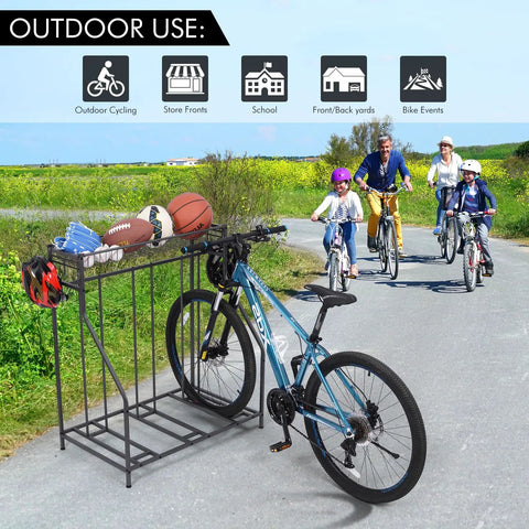 Three Bike Stand Rack For Garage Storage And Indoor Outdoor Use, adjustable slots, holding sports equipment and mountain bike