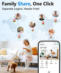 Child playing with a dog indoors next to a smartphone displaying a smart camera app interface for family sharing features.