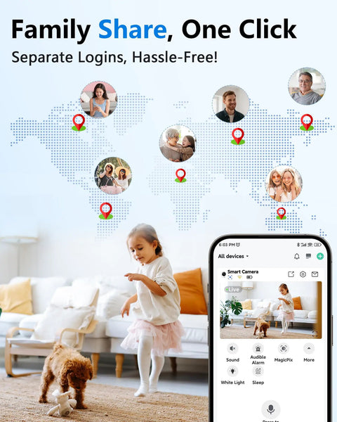Child playing with a dog indoors next to a smartphone displaying a smart camera app interface for family sharing features.