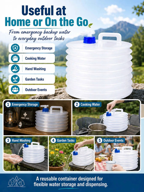 Foldable Water Container With Spigot For Camping And Travel 3 Liter Accordion Water Jug with handle and spout in various uses