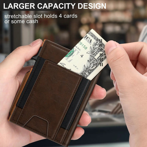 Person using Slim Pop Up Card Holder Wallet For Men With RFID Blocking Aluminum Build No Fuss Quick Eject Card Mechanism Holds Nine To Thirteen Cards Bifold Minimalist Smart Wallet With ID Window And Stretchable Cash Slot to insert cash into stretchy slot.