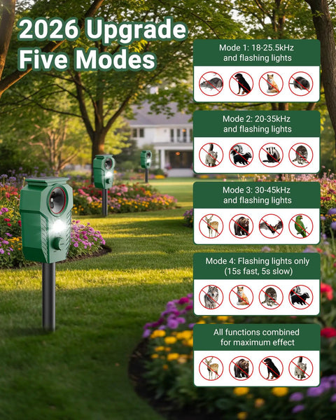 Solar Ultrasonic Deer And Cat Repellent With Motion Sensor And LED Flashing Lights Waterproof Outdoor Animal Deterrent For Yard Garden And Lawn Humane Guard Against Dogs Raccoons Coyotes in green stake design