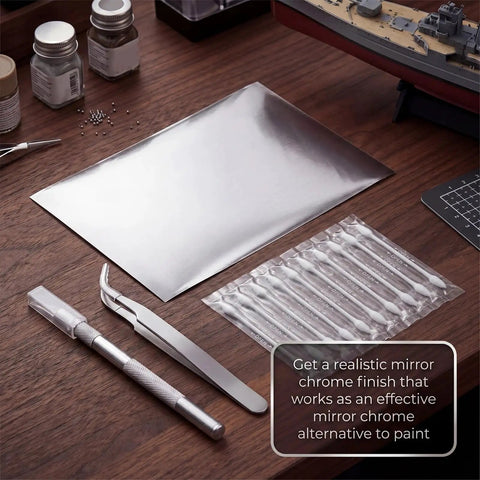 Mirror Chrome Aluminum Foil For Model Cars And Aircraft 2 Pack Bare Metal Sheets with knife, tweezers, swabs