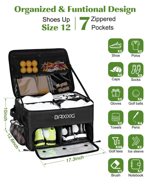 Golf Trunk Organizer With Two-Layer Storage And Shoe Pocket, Keeps Golf Gear Sorted In Your Ride, Durable EVA Construction, Black