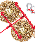 Heavy Duty Chain Binders And Tie Down Chains 3/8 To 1/2 Inch 10 Foot Length With G70 Hooks Ratchet Load Binders 9,215 Lb Working Strength Towing Chain For Flatbed Trailer And Truck displayed.