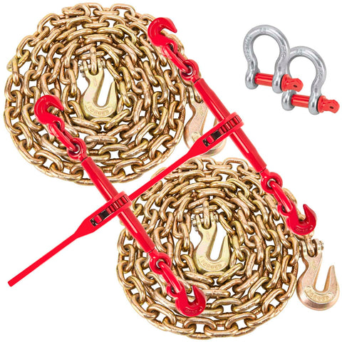 Heavy Duty Chain Binders And Tie Down Chains 3/8 To 1/2 Inch 10 Foot Length With G70 Hooks Ratchet Load Binders 9,215 Lb Working Strength Towing Chain For Flatbed Trailer And Truck displayed.