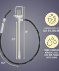One Hand Electric Fuel Transfer Pump With Flow Control Nozzle And D Battery Power Hands Free Gas Can Pump For Liquids And Water Jugs 2 Point 4 GPM Flow Long Suction Tube For Tall Containers, shown with 51.2 in hose