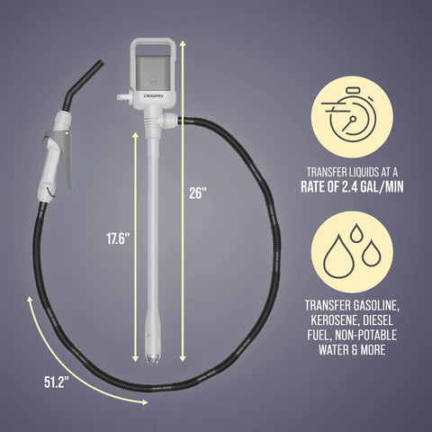 One Hand Electric Fuel Transfer Pump With Flow Control Nozzle And D Battery Power Hands Free Gas Can Pump For Liquids And Water Jugs 2 Point 4 GPM Flow Long Suction Tube For Tall Containers, shown with 51.2 in hose