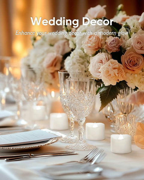 Elegant wedding table with crystal glasses, floral centerpiece, and Flameless Tealight Candles With Remote Timer Battery Operated 12 Pack Warm White.