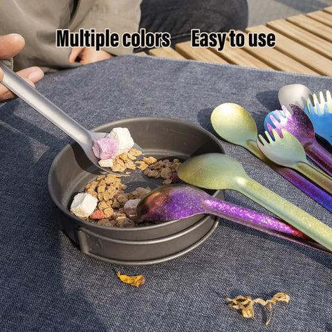 Assorted Ultra Lightweight Titanium Long Handle Spork and Spoon Set for Outdoor Camping with cereal in bowl