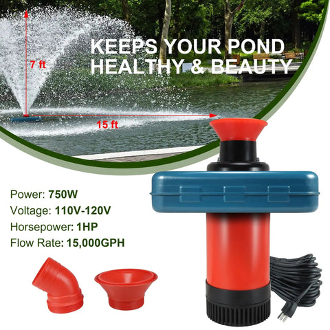 High Flow Pond Fountain Aerator Pump With 110V 1HP 750W Motor Delivers 15000 GPH, floating aerator with accessories and power cord