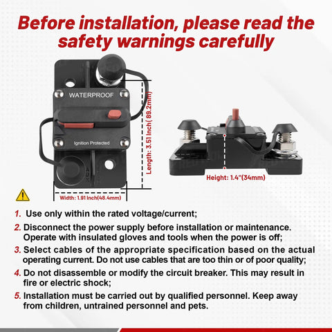 Heavy Duty 250A DC Circuit Breaker Fuse Holder With Manual Reset Switch 12V-24V for Boats Marine Systems, with dimensions shown.