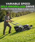60V Brushless Cordless Self Propelled Lawn Mower With 21 Inch Deck 5Ah Battery LED Headlight Rapid Charger 3 In 1 Versatility For Large Yards Quiet Power Low Maintenance Durable Lawn Care Machine on a sloped lawn