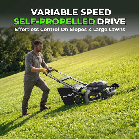60V Brushless Cordless Self Propelled Lawn Mower With 21 Inch Deck 5Ah Battery LED Headlight Rapid Charger 3 In 1 Versatility For Large Yards Quiet Power Low Maintenance Durable Lawn Care Machine on a sloped lawn