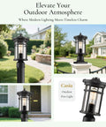 Outdoor Post Light For Garden And Pathway Vintage Exterior Pillar Lamp shown in black finish with warm glow in garden setting