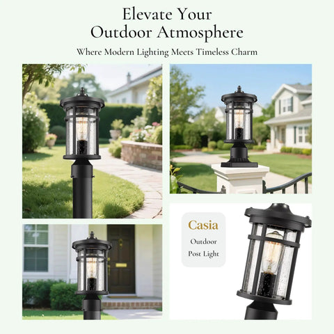 Outdoor Post Light For Garden And Pathway Vintage Exterior Pillar Lamp shown in black finish with warm glow in garden setting