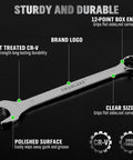 Detailed view of a long box-end wrench from Six Piece Large Wrench Set With Long Box End Wrenches Ranging From 15/16 Inch To 1 1/4 Inch Including Rolling Pouch 12 Point Combination Wrenches Heat Treated CR V Steel With Chrome Finish For Rust Resistance And Durable Garage Use, showing polished surface and CR-V logo.