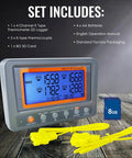 All In One 4 Channel K Type Thermocouple Thermometer Data Logger with 8GB SD Card, display showing temperature readings, probes included.