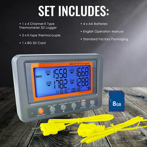 All In One 4 Channel K Type Thermocouple Thermometer Data Logger with 8GB SD Card, display showing temperature readings, probes included.