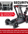 Big Wheel Three In One Garage Jack for cars trucks and motorcycles with one and a half ton capacity and 3000 pound lift, side view