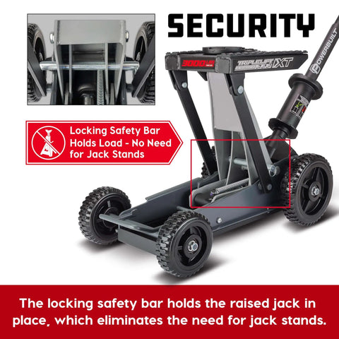 Big Wheel Three In One Garage Jack for cars trucks and motorcycles with one and a half ton capacity and 3000 pound lift, side view