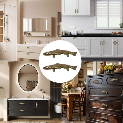 Vintage Trout Fish Cabinet Knob Set 4 Pack Old School Aged Bronze Zinc Alloy Drawer Pulls For Cabinets Dressers Cupboards.