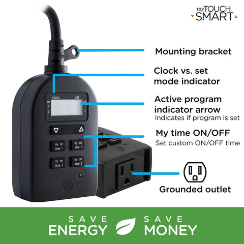 Indoor And Outdoor Plug In Digital Timer With One Grounded Outlet, Two Custom Daily On And Off Times, Weather Resistant Design