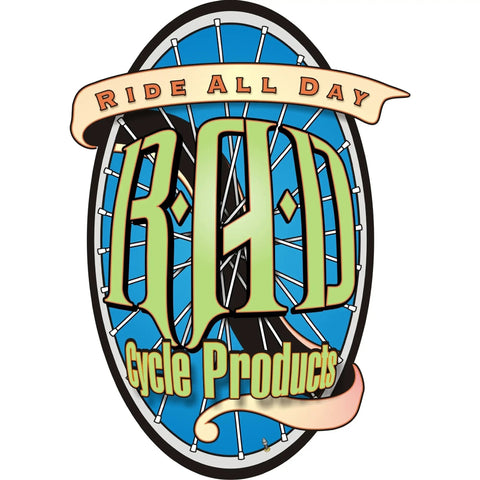 Ride All Day RAD Cycle Products logo with bicycle wheel design