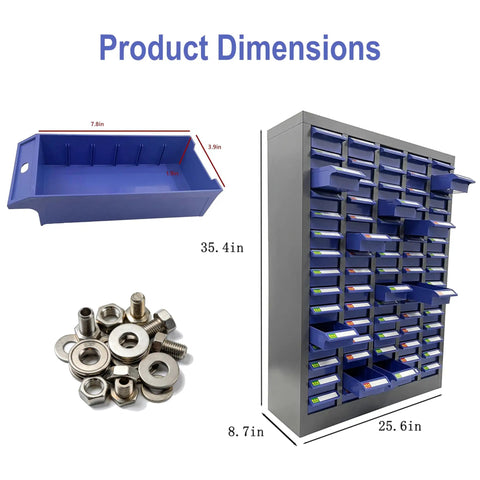 75 Drawer Parts Organizer And Bolt Nut Tool Storage Cabinet, Heavy Duty Grey Shop Must Have For Small Parts Hardware And Fasteners, Space Saving Cabinet With Clear Drawers And Easy Access. Product dimensions shown with blue drawer and bolts