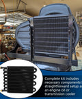 16 Pass Universal Transmission Oil Cooler Kit With Half Inch Tube And Fin, Aluminum Alloy Black Finish, set up in garage.
