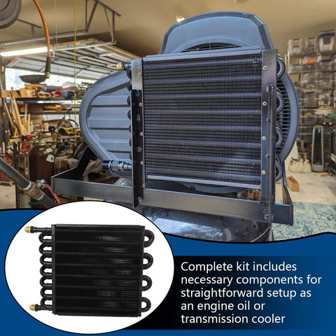 16 Pass Universal Transmission Oil Cooler Kit With Half Inch Tube And Fin, Aluminum Alloy Black Finish, set up in garage.