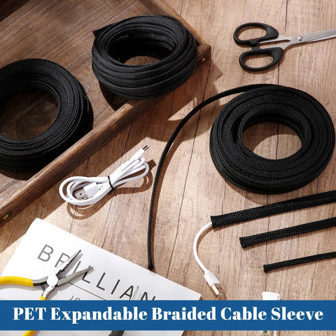 Tough As Nails Braided Cable Protector Sleeving For Zero Tangle Cord Wrap And Auto Harness Routing Easy Grip Pet Wire Loom Tube 150 Feet Long Black with USB cable and scissors.