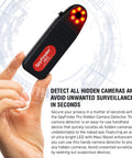 Hidden Camera Detector And Spy Camera Finder For Hotels And Travel in hand with red LED lights, ideal for Airbnb and home safety.