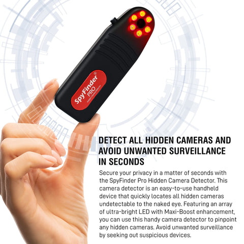 Hidden Camera Detector And Spy Camera Finder For Hotels And Travel in hand with red LED lights, ideal for Airbnb and home safety.
