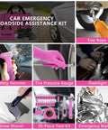 Must Have Portable Car Emergency Kit With 12V Air Compressor Jumper Cables First Aid Auto Tool Set Roadside Safety Gear Winter Driving Essentials Hot Pink Kit For Women Men Teens, showing various tools and accessories.