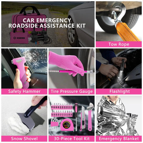 Must Have Portable Car Emergency Kit With 12V Air Compressor Jumper Cables First Aid Auto Tool Set Roadside Safety Gear Winter Driving Essentials Hot Pink Kit For Women Men Teens, showing various tools and accessories.