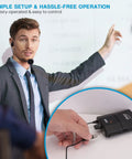 Man using Dual UHF Wireless Microphone System Kit with headset mic and beltpack transmitter during presentation