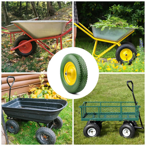 Flat Free Wheelbarrow Tire Replacement Universal Fit 4.80 4.00 8 Inch Solid No Air shown on garden carts and wheelbarrows