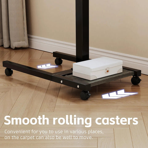 Close-up of Overbed Table With Wheels Adjustable Height 23 to 33 Inches, showing smooth rolling casters on hardwood floor.