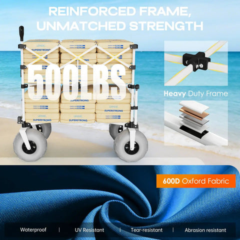 Heavy Duty Double Decker Beach Wagon Cart With 500Lb Load Capacity, 400L Dual Level Storage, Balloon Wheels For Sand, Blue