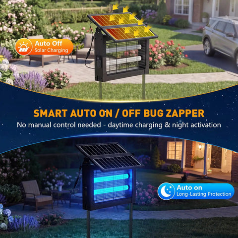 Cordless Solar Bug Zapper Outdoor 4500V With Dual Solar Panels for Backyard Patio Camping, showcasing auto on/off feature.